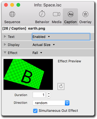 Info palette, caption effects settings