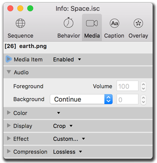 Info palette, video media's audio settings
