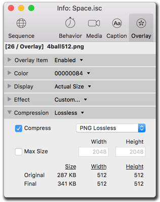 Info palette, video media compression settings