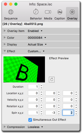 Info palette, overlay effects settings