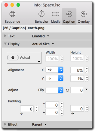 Info palette, caption size settings