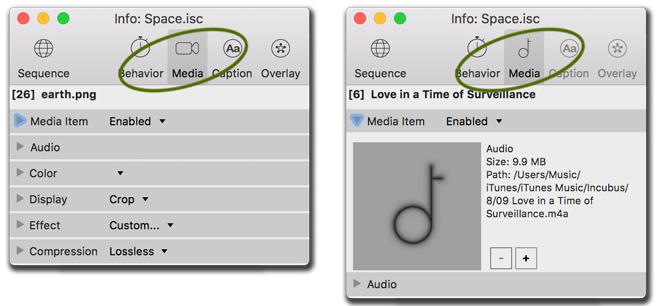 Info palette, media settings