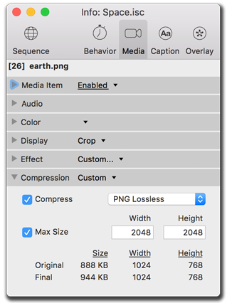 Info palette, video media compression settings
