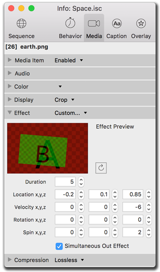 Info palette, video media effects settings
