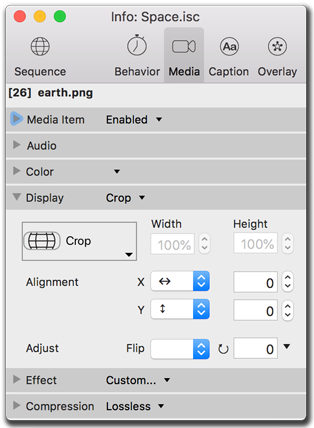 Info palette, video media size settings