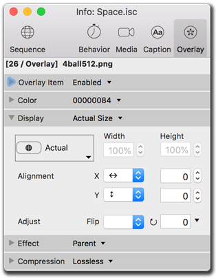 Info palette, overlay size settings